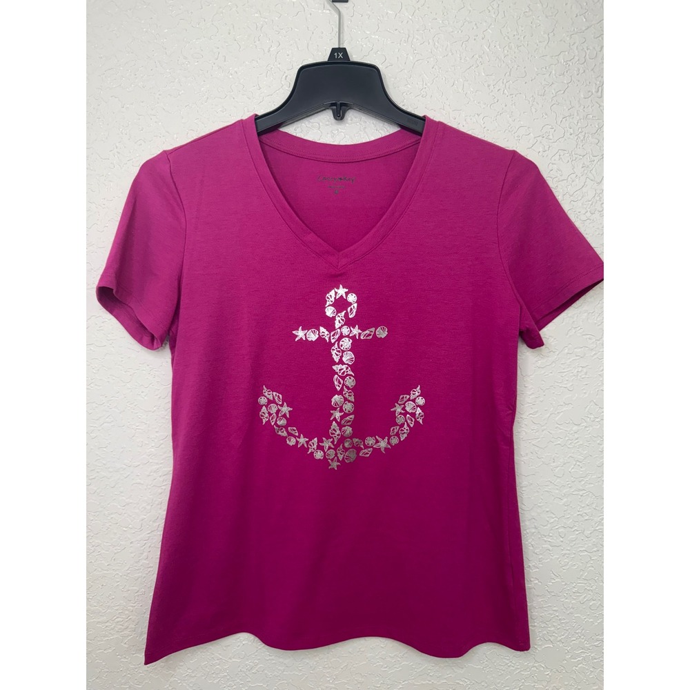Casey Key Womens Pink V-Neck T-Shirt Silver Seashell Anchor Graphic Size M